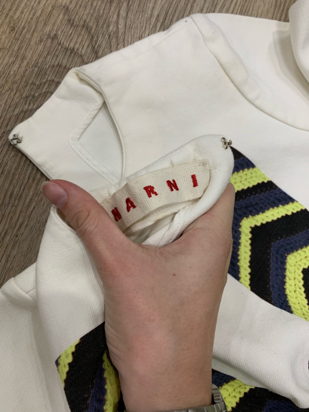 Marni White Top with Neon Yellow and Navy Geometric Front Panel - Picture 2 of 4